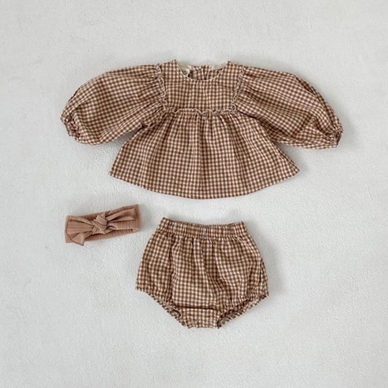 Baby Girls Suit 2021 Baby Girls Clothes Little Plaid Infant Girls Clothes Set Puff Sleeve Blouse + Bloomer 2pcs Toddler Clothes