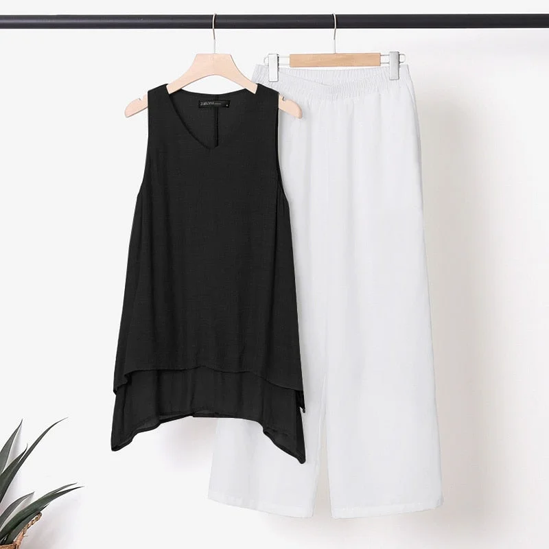 ZANZEA 2 Piece Sets Casual Loose Matching Sets Summer Urban Tracksuit Women Sleeveless Blouse Trousers Suits Wide Leg Pants Sets