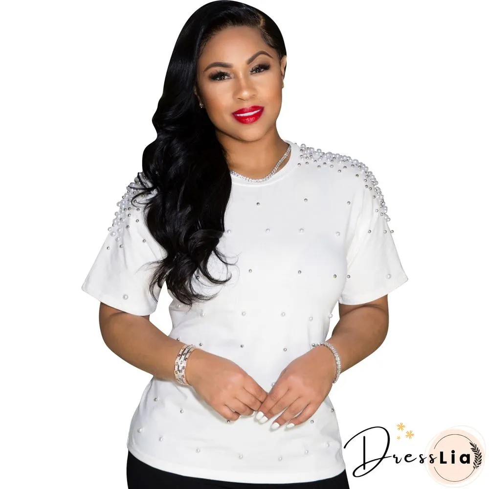 Plus Size Summer Round Neck Casual Short Sleeves Round Neck Bead Nail Decoration Women T-Shirt