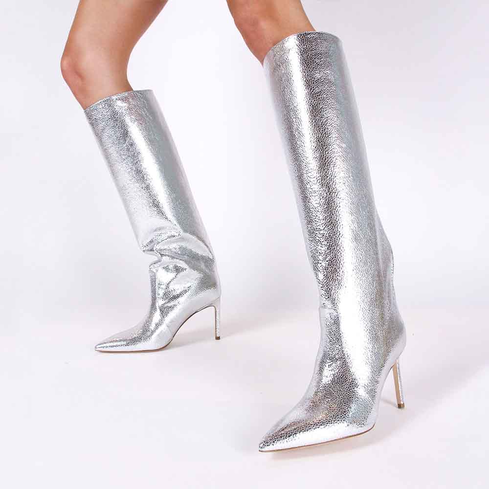 Silver Metallic Pointy Toe Stiletto Heel Wide Calf Knee High Boots Nicepairs