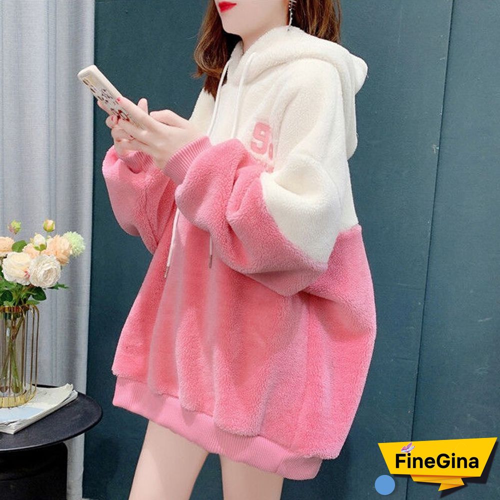 Spring Autumn Warm Wool Sweatshirt Women Loose Casual Lady Sweatshirt Korean Fashion Soft Splicing Mujer Sweatshirt New