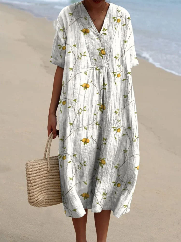 Women's Vintage Style Citrus Lemon Repeat Pattern Printed Flowy Dress