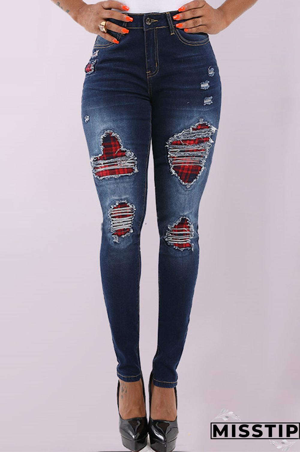 Dark Blue Denim Zipper Fly Mid Old Zippered washing pencil Pants Pants
