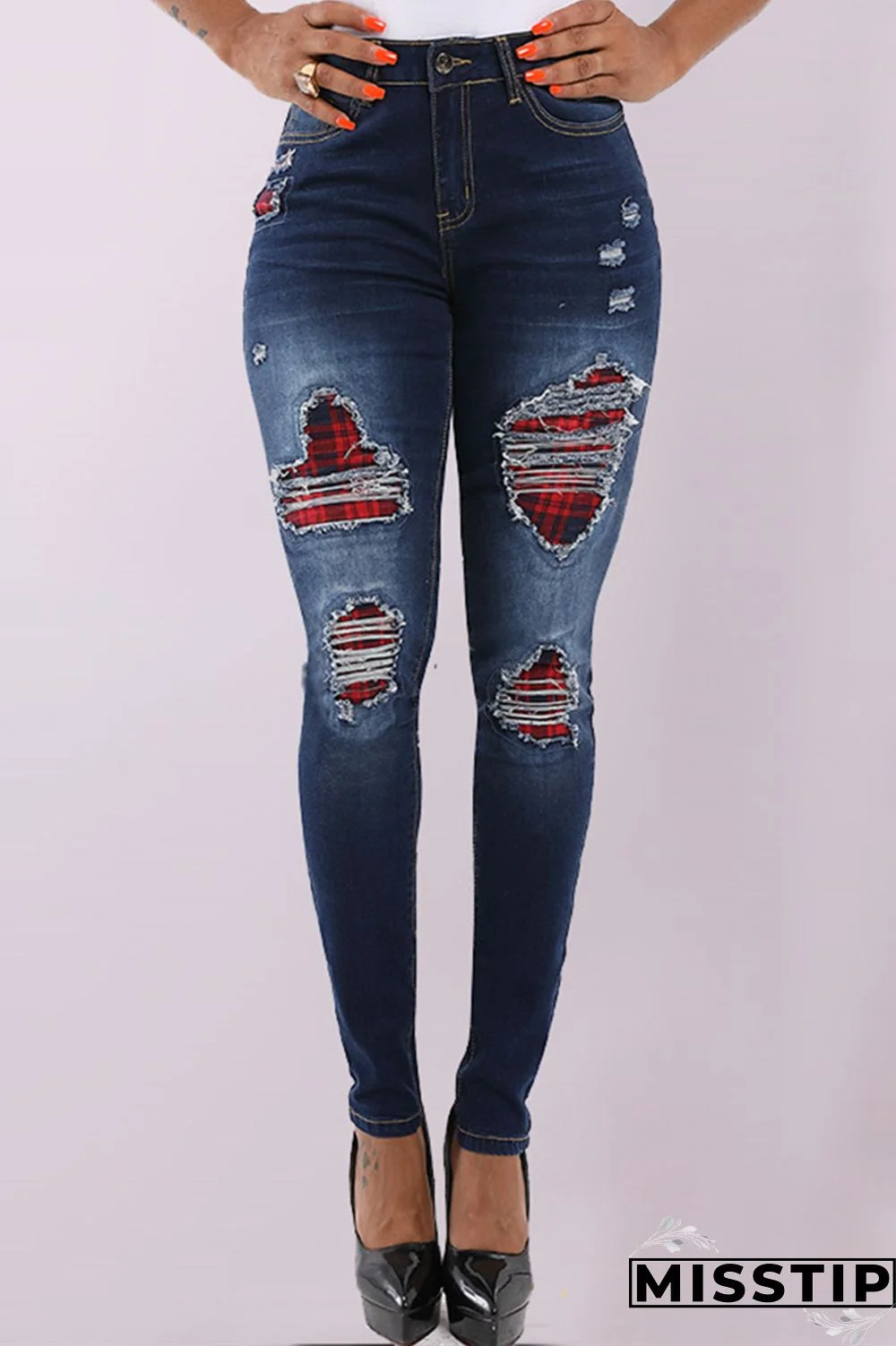 Dark Blue Denim Zipper Fly Mid Old Zippered washing pencil Pants Pants