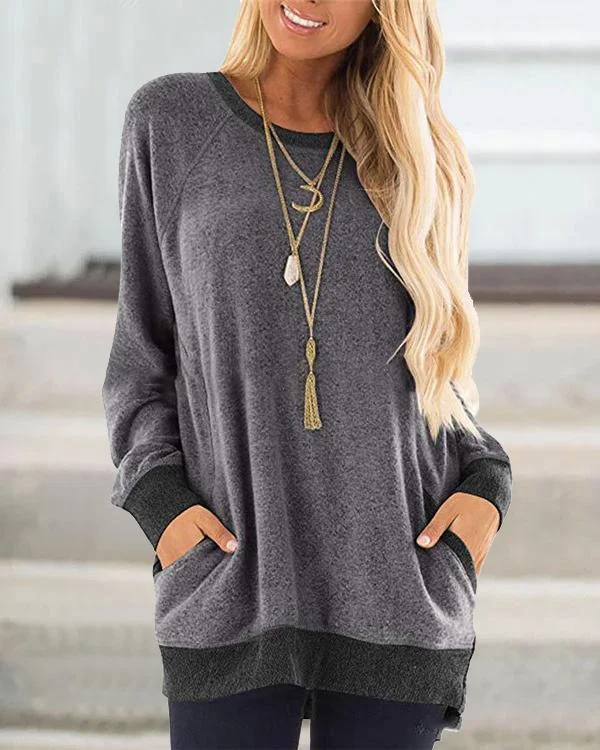 Sweater Pocket Solid  Design Casual Round Neck Shirts & Tops