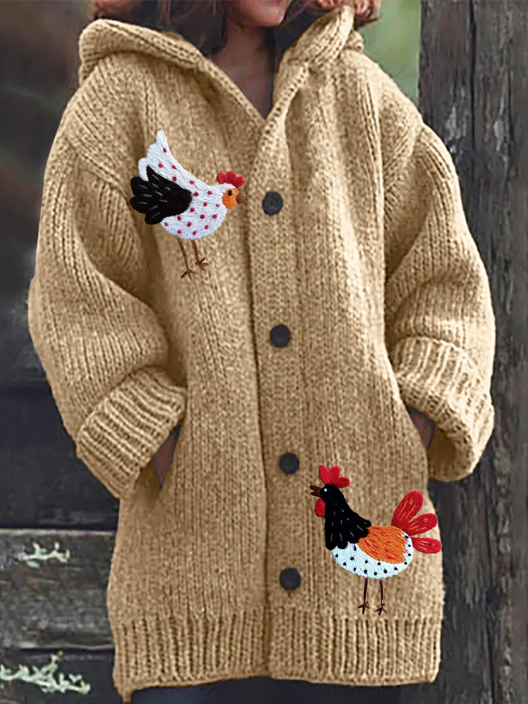 VChics Funny Rooster & Hem Embroidery Cozy Hooded Cardigan
