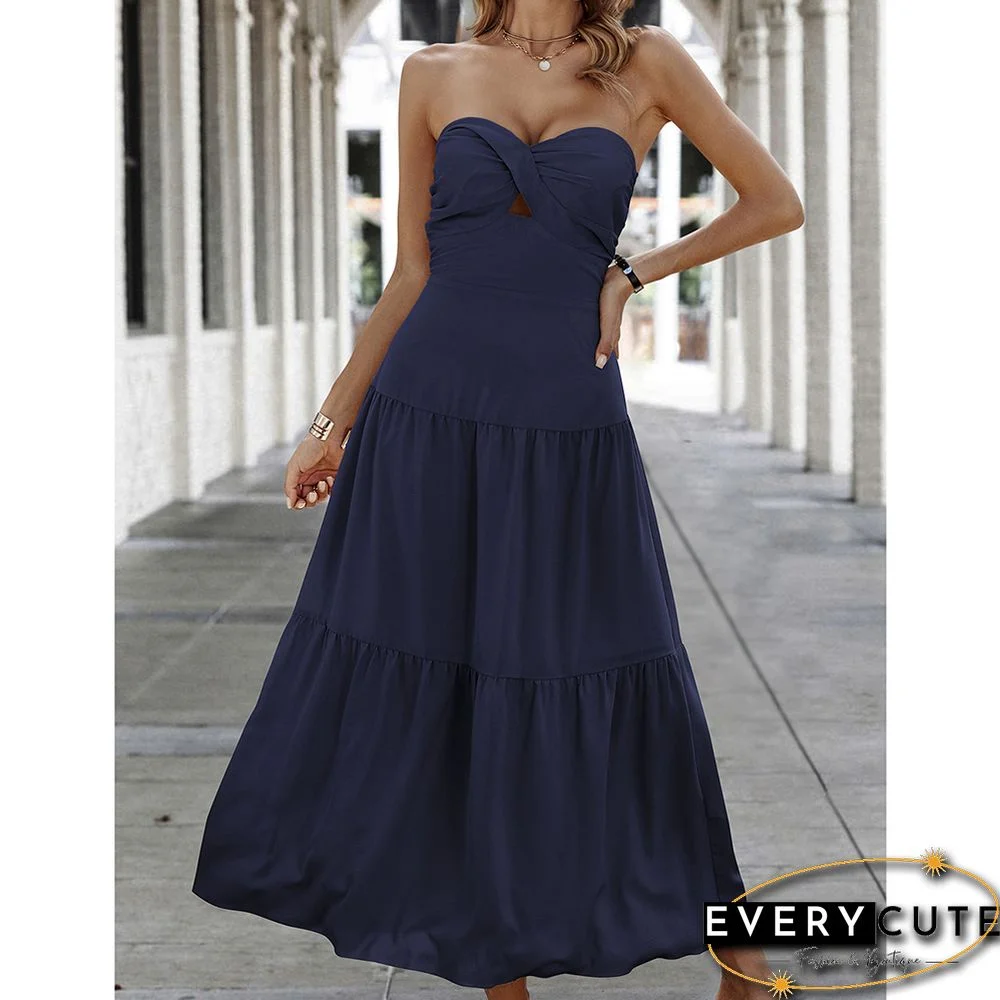 Navy Blue Twisted Bandeau Ruched Swing Maxi Dress
