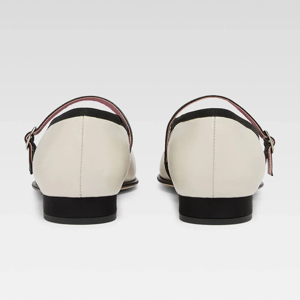 Elegant Beige & Black Square Toe Comfy Buckle Mary Jane Flats