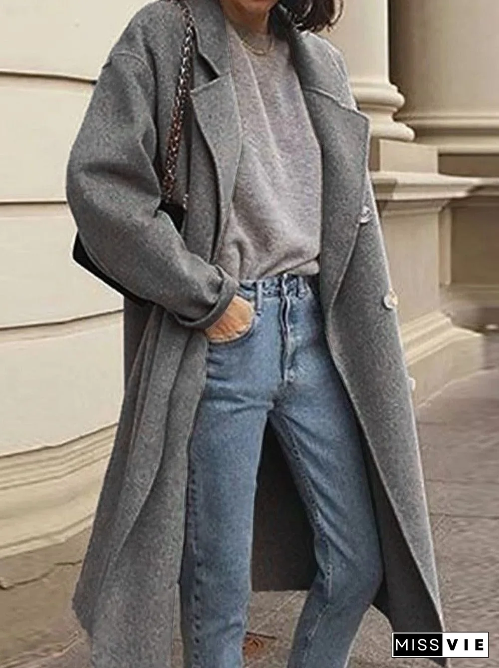 Solid Color Woolen Double-breasted Coat