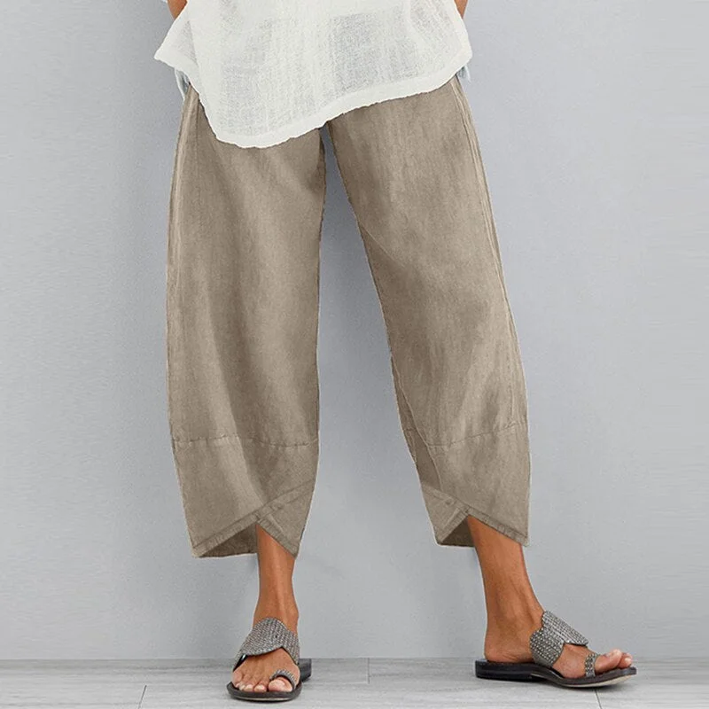 Women Casual Pants Summer Elastic Waist Plus Size Loose Linen Pants Comfortable Asymmetrical Pantalon Oversized Cropped Pants