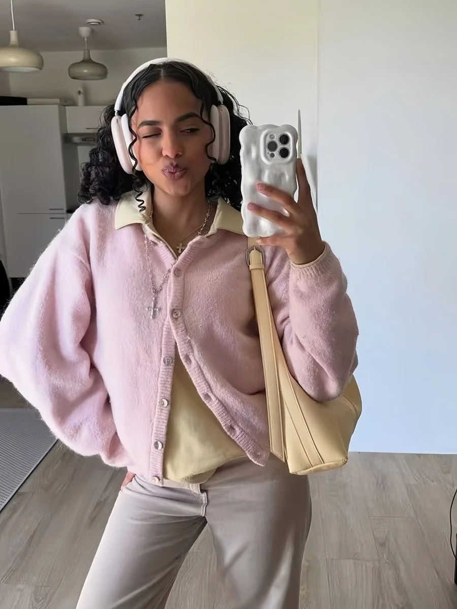 Athvotar Athvotar New Soft Stuff Lazy Velvet Buckle Jacket | Knitted Round Collar Daily