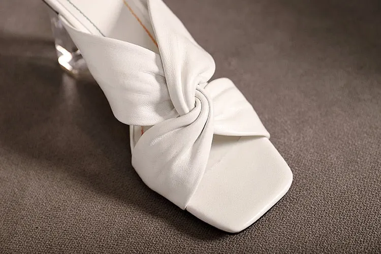 Gold Metallic Leather Knot Sandals Chunky High Heel Open Toe Mule Sandals 9CM Designer Shoes Summer Woman Size 41 Block Heel