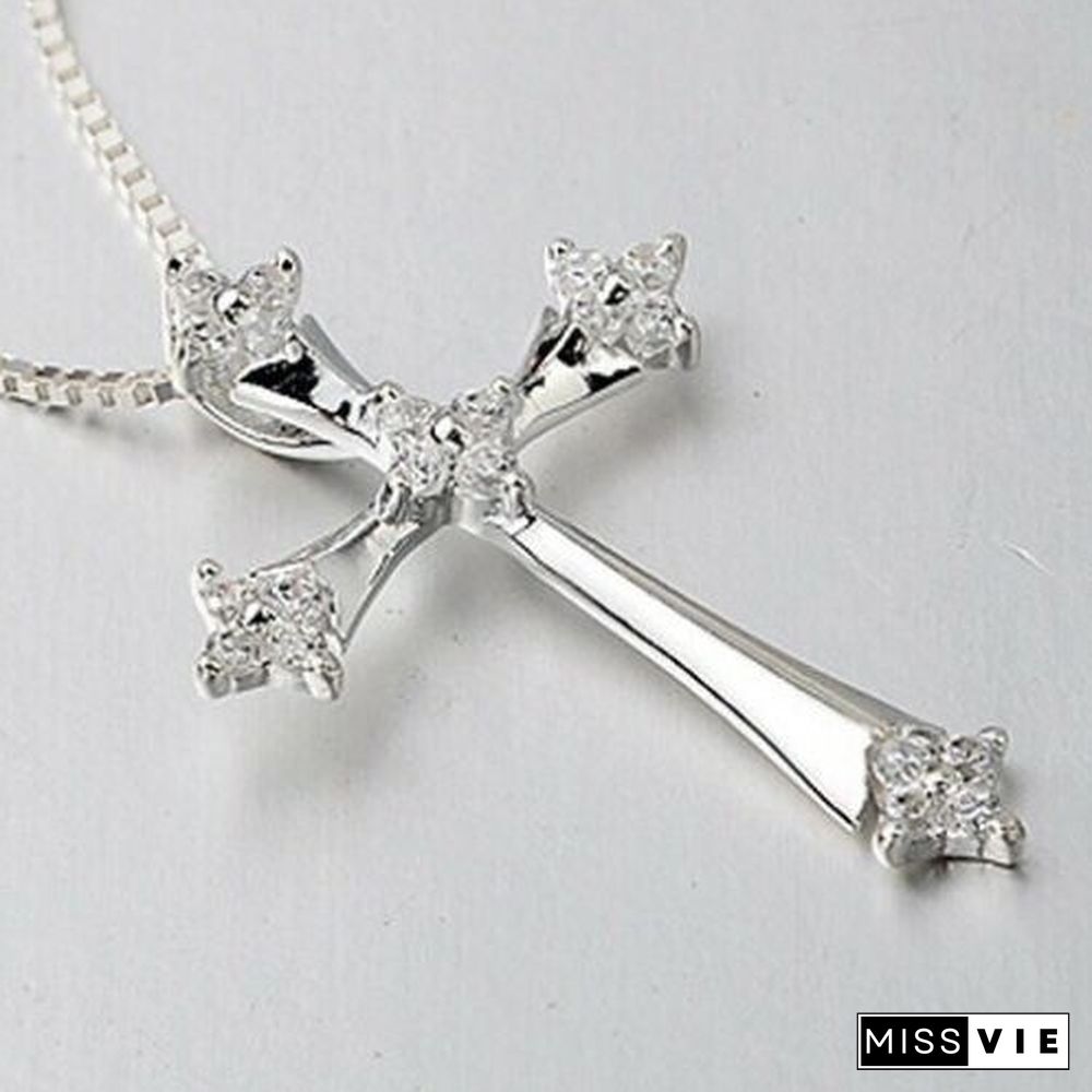 Fashion Cross Crystal Pendant 925 Sterling Silver Chain Necklace Women&rsquo;s Jewelry Luck Necklace Best Gifts