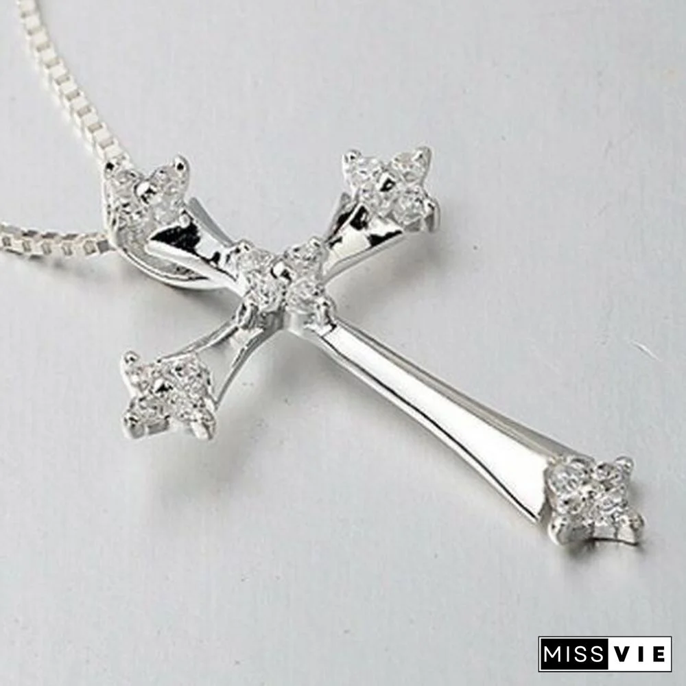 Fashion Cross Crystal Pendant 925 Sterling Silver Chain Necklace Women&rsquo;s Jewelry Luck Necklace Best Gifts