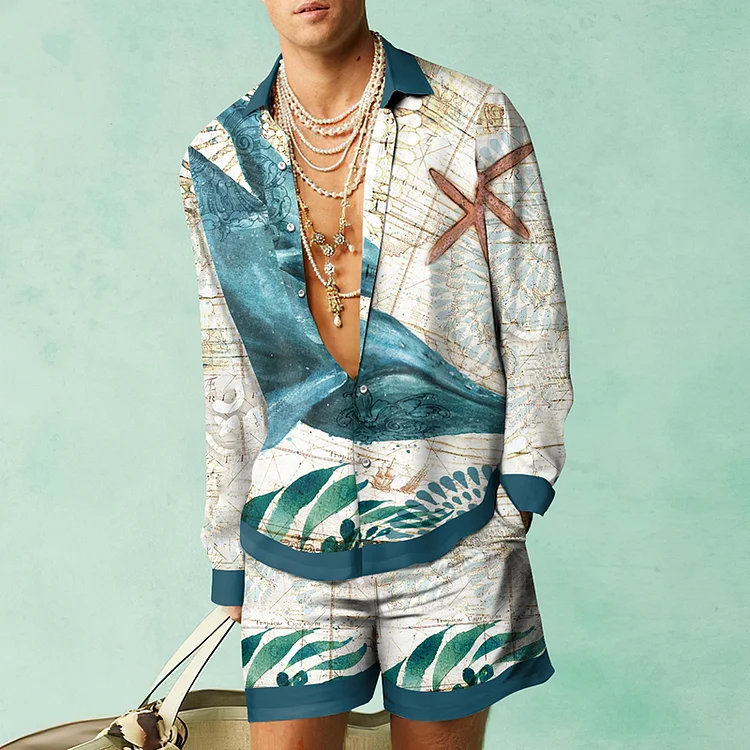 BrosWear Whale Underwater World Print Shirt And Shorts Co-Ord