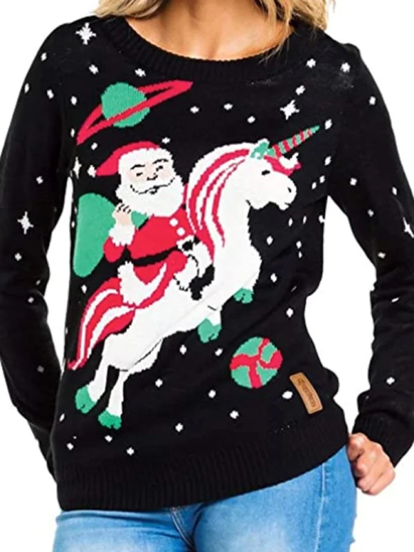 Women's Christmas Crew Neck Long Sleeve Sweater Flusfy