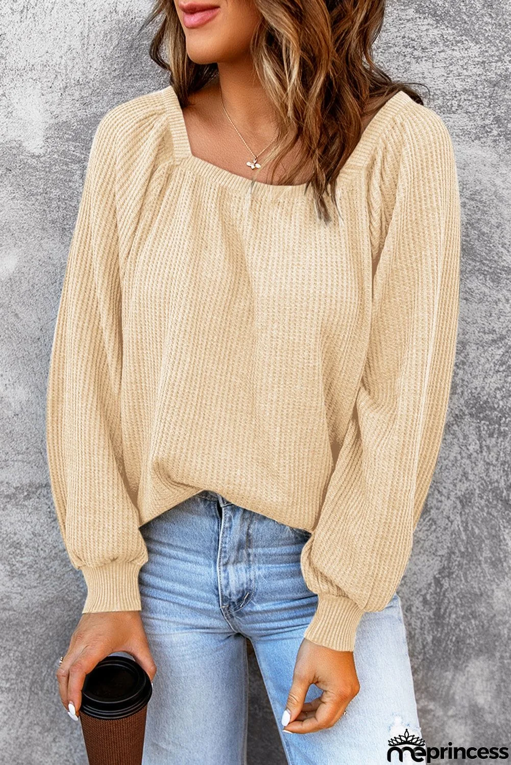 Scoop Neck Puff Sleeve Waffle Knit Top