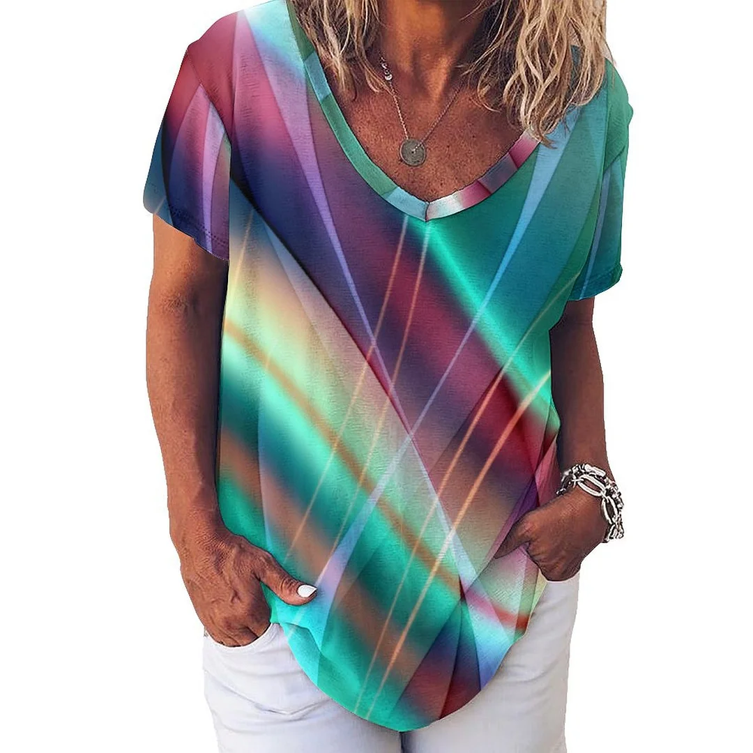 V-neck Short Sleeve Casual T-shirt for  Women Printed with Pattern Abstract, Green, Red
