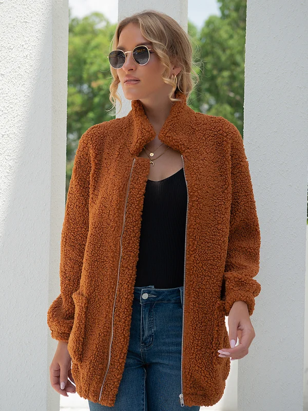 Ladies Casual Zip Long Sleeve Plush Jacket Flusfy