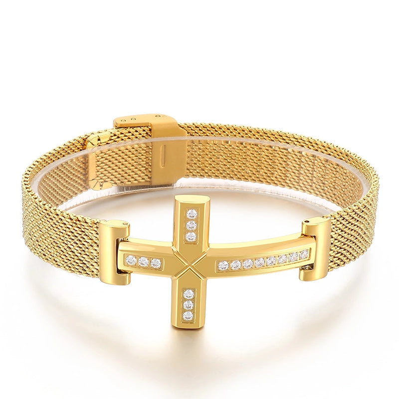 Retro Punk Cross Solid Color Titanium Steel Inlay Zircon 18K Gold Plated Men’S Bracelets