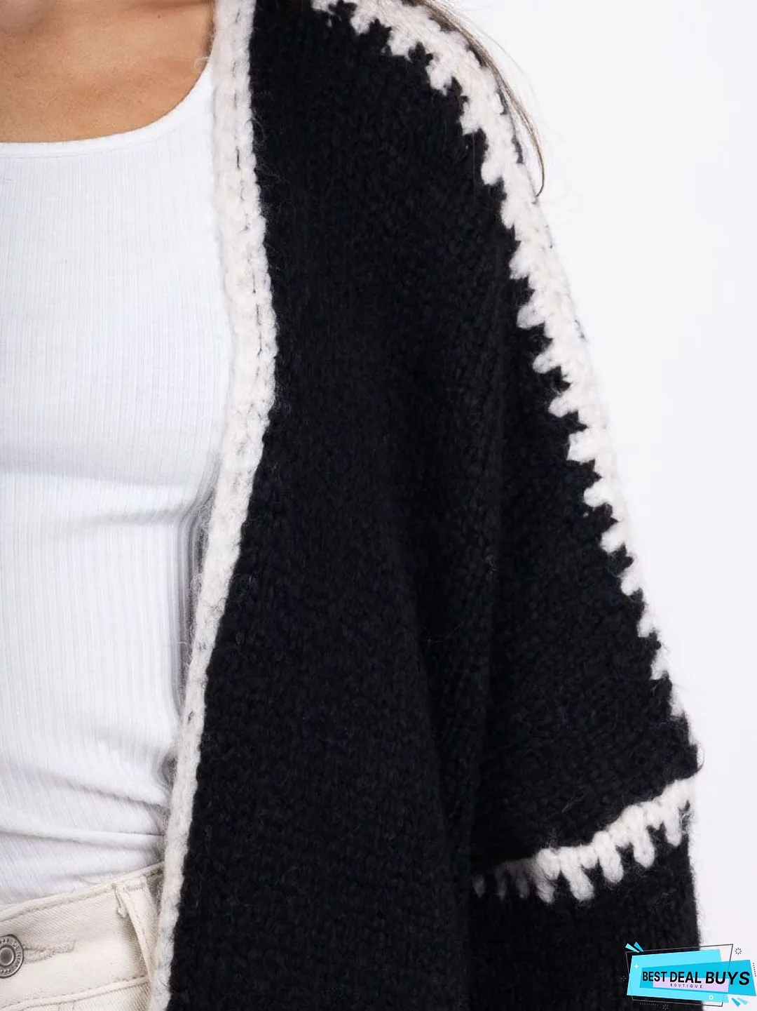 Double Take Contrast Open Front Dropped Shoulder Cardigan