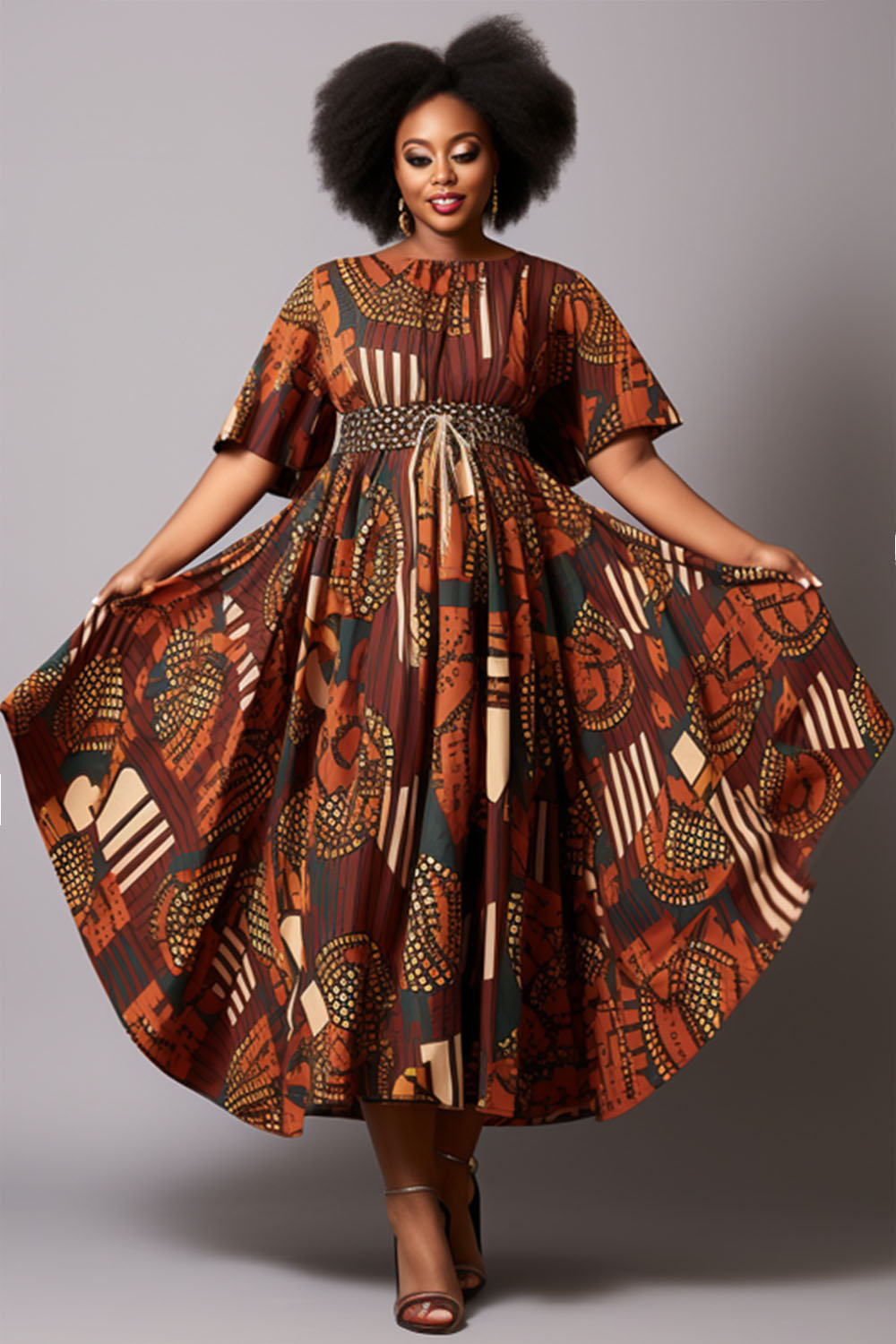 Design Plus Size Brown Ankara Spring Summer Round Neck Short Sleeve Midi Dresses [Pre-Order]