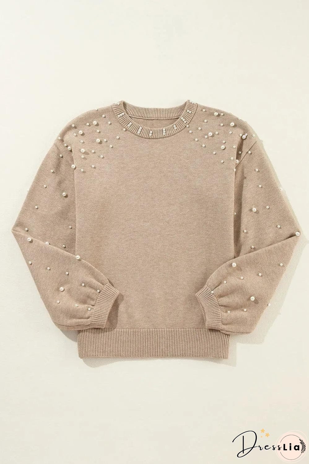 Smoke Gray Pearled Drop Shoulder Round Neck Sweater