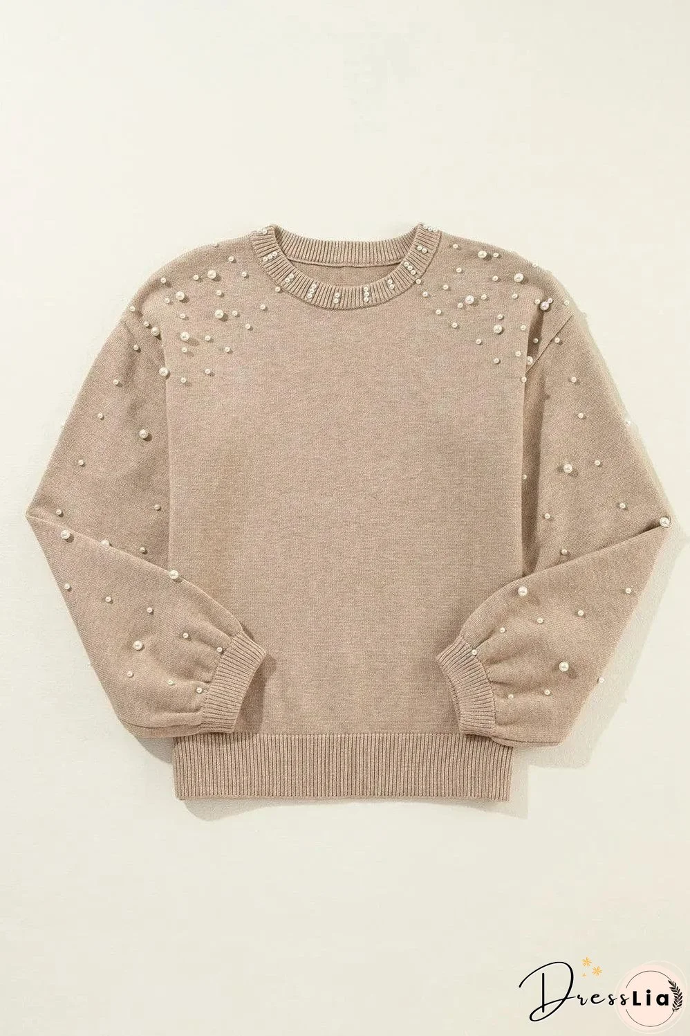 Smoke Gray Pearled Drop Shoulder Round Neck Sweater