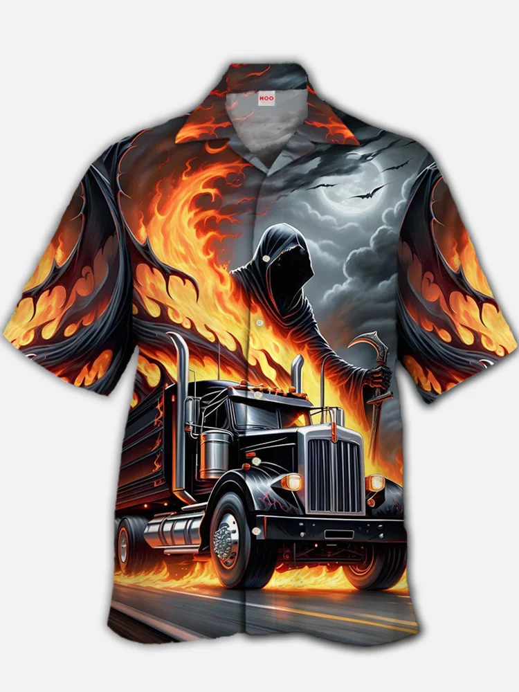 Eye-Catching Dark Death And Flame Truck Printing Cuban Collar Hawaiian Short Sleeve Shirt BestDVibe