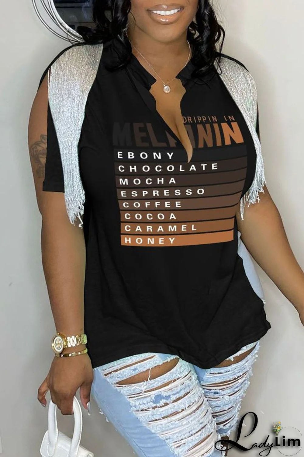 Rose Red Casual Letter Print Tassel Patchwork V Neck T-Shirts