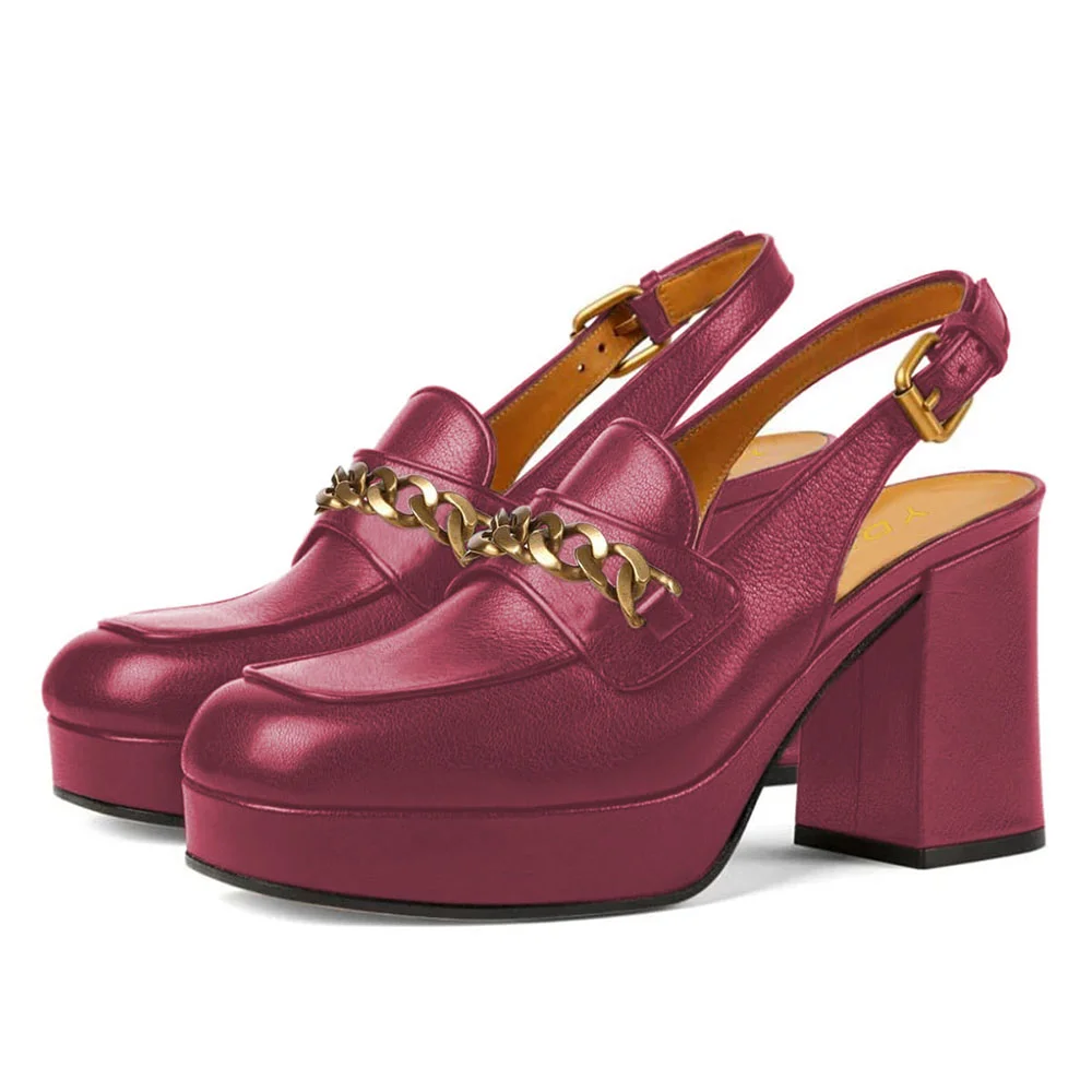 Dark Fuchsia Square Toe Chain Platform Chunky Heeled Loafers Women