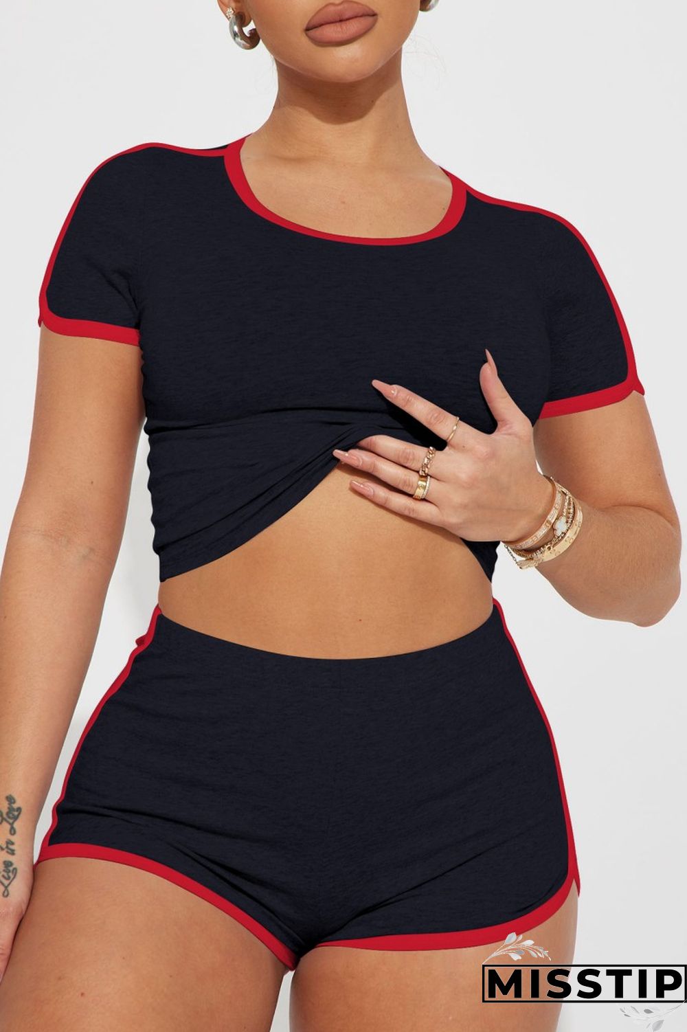 Navy Blue Casual Solid Patchwork O Neck Short Sleeve Two Pieces