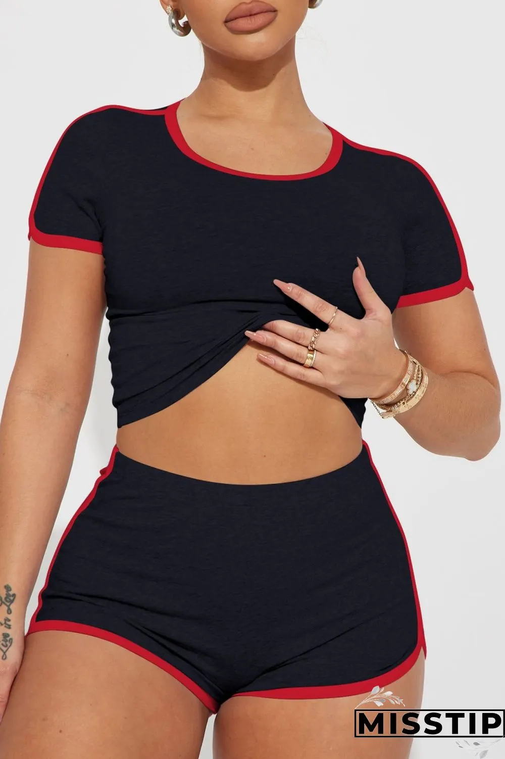 Navy Blue Casual Solid Patchwork O Neck Short Sleeve Two Pieces