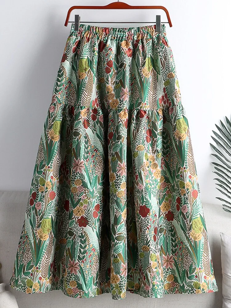 Floral Embroidery Midi Long Skirt Women Fashion  Spring Vintage A Line High Waist Tutu Skirt Female Faldas Aesthetic