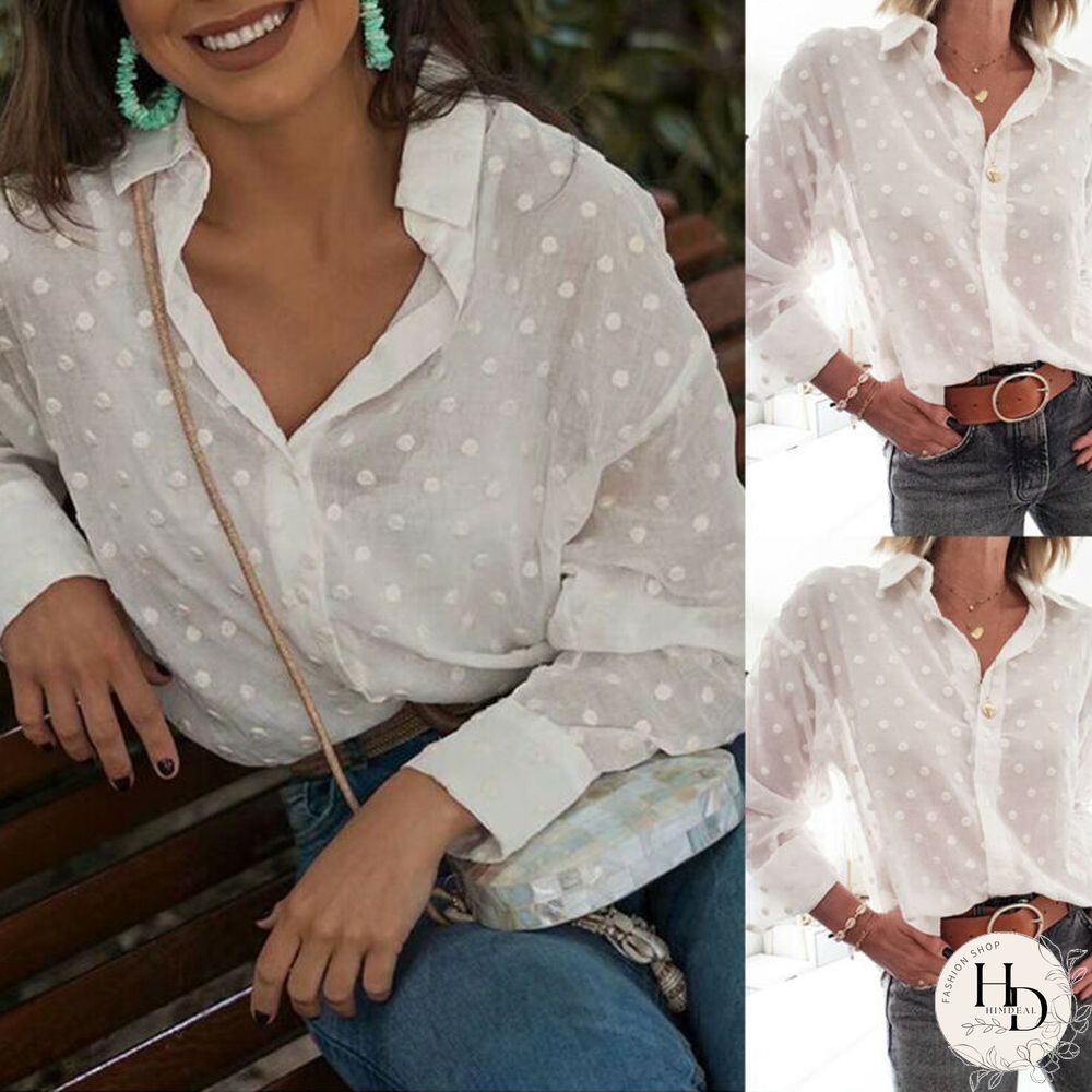 Women Blouses Autumn Long Sleeve Blouse White Ladies Button Tops Polka Dot Shirt Tee Elegant Office Lady Blouse Shirts