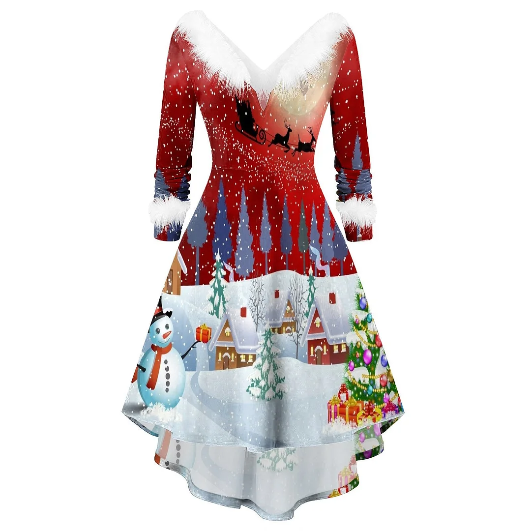 Dress For Christmas Faux Plush Long-sleeved V-neck High Low Swing Dress