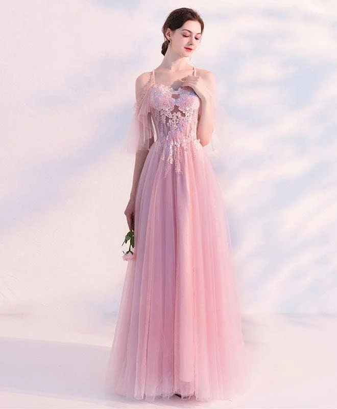 Pink Sweetheart Tulle Lace Long Prom Dress, Pink Tulle Evening Dress