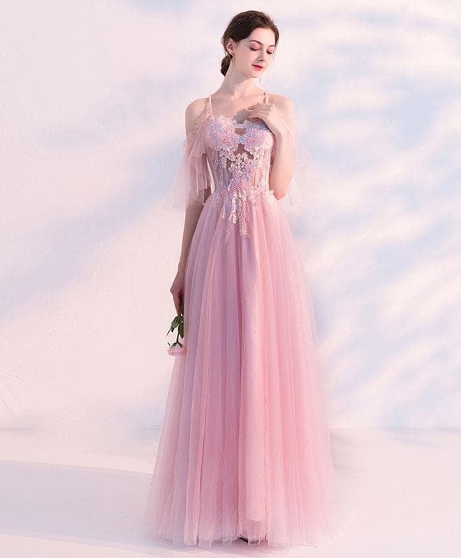Pink Sweetheart Tulle Lace Long Prom Dress, Pink Tulle Evening Dress