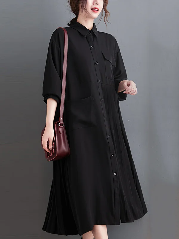 Black Roomy Long Sleeve Lapel Pleated Shirt Dress