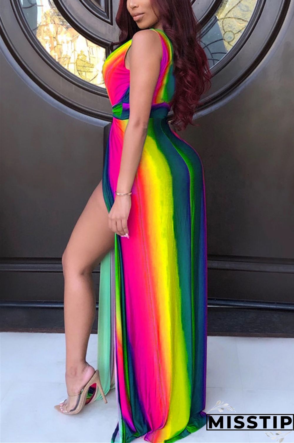 Yellow Sexy Rainbow Printing Striped V-neck Dress