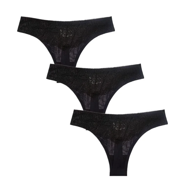 3Pcs/Lot Sexy Women G-string Thongs Lace Floral Sheer Low Waist Underwear Soft Lingerie Ice Silk Briefs Seamless Panties Soft