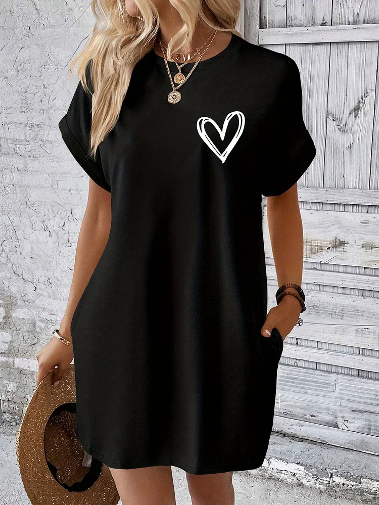 Heart Print Tee Dress, Short Sleeve Crew Neck Casual Dress For Summer & Spring, Women's Clothing