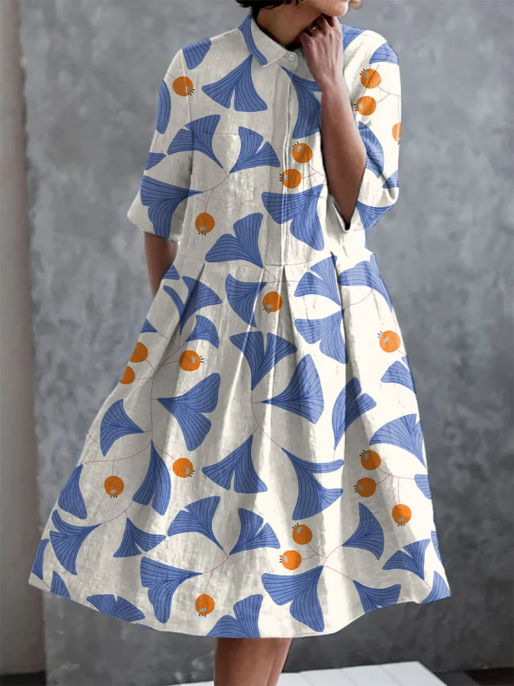 Retro Ginkgo Print Casual Elegant Pocket Half Sleeve Dress