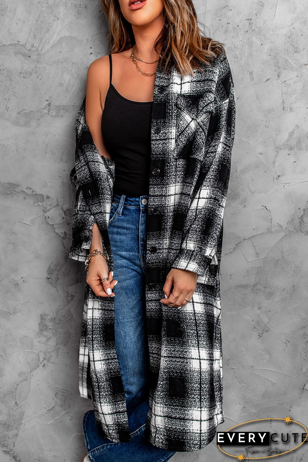 Black Plaid Print Buttoned Pocketed Long Sleeve Long Coat