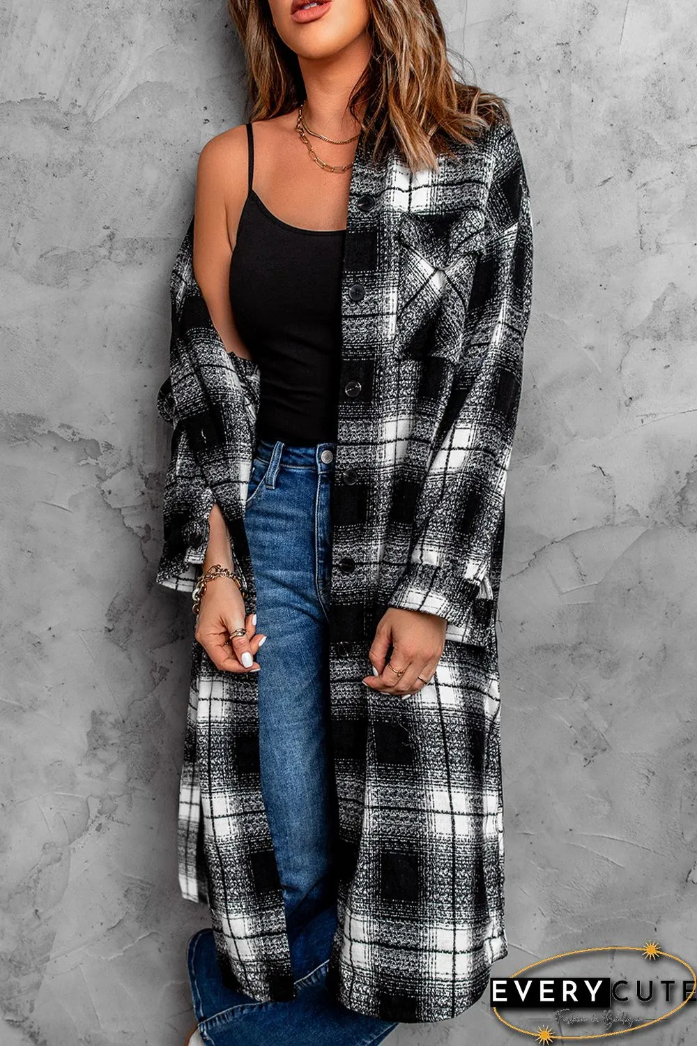 Black Plaid Print Buttoned Pocketed Long Sleeve Long Coat