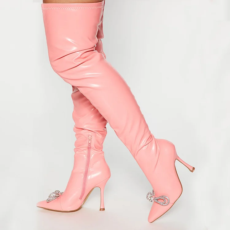 Pink Stiletto Zipper Boots Women's Elegant Bow Heel Thigh Booties |FSJ Shoes