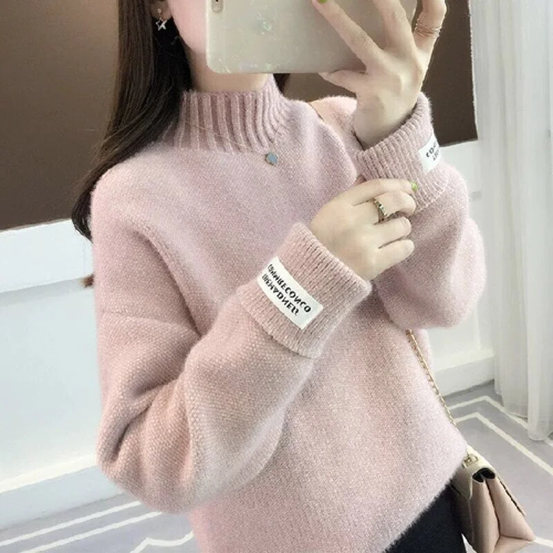 Zoki Women Half Turtleneck Sweater Autumn Loose Wool Pullover Knitted Jumper Long Sleeve Letter Top Casual Warm Ladies Blouse