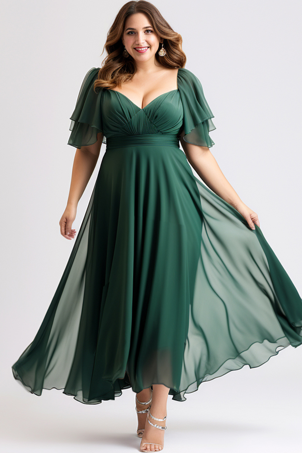 Flycurvy Plus Size Wedding Guest Emerald Green Sweetheart Neck Flutter Sleeve Tea-length Dress 2024 - Flycurvy 