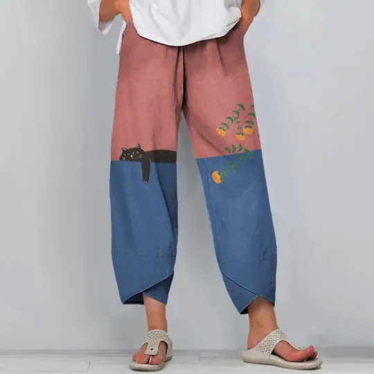 Comstylish Abstract Creative Lazy Black Cat Painting Art Casual Pants