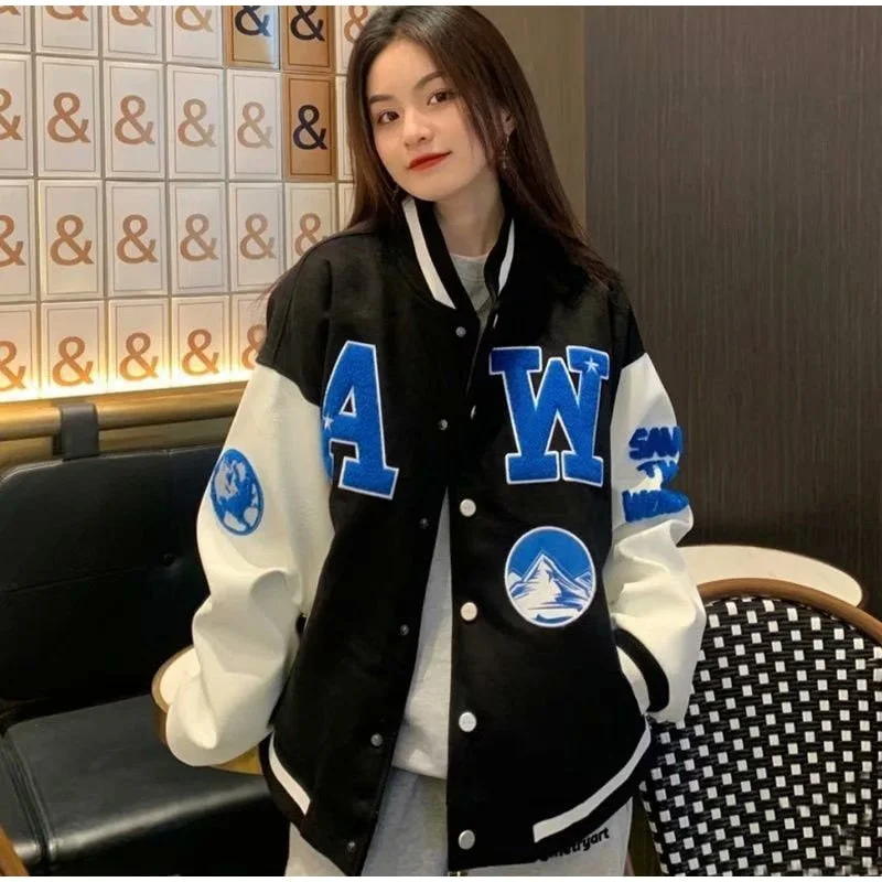 Women Letter Print Baseball Jacket Uniform Winter Korean Patchwork Oversized Coat Harajuku Single Breasted Unisex Jacket Coats